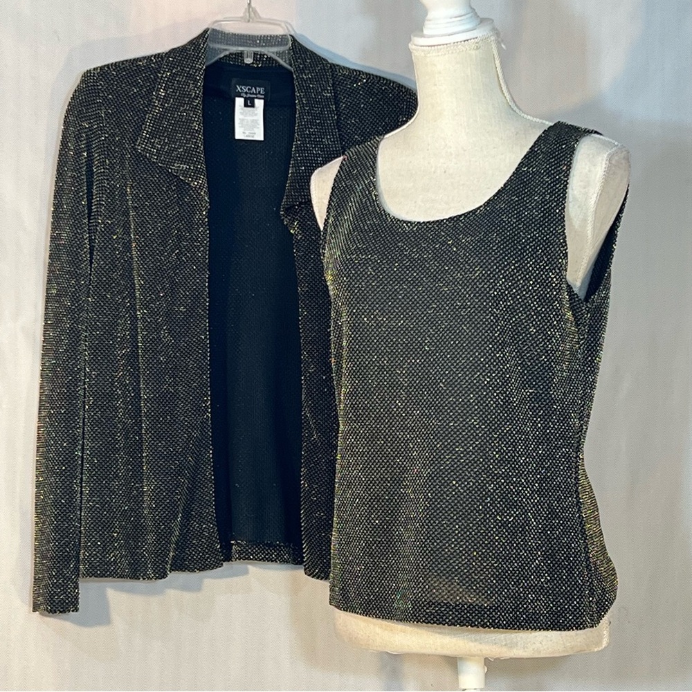 Xscape Tank & Jacket Black/Metallic Gold Set Sleeveless Shell Open Jacket EUC L👍